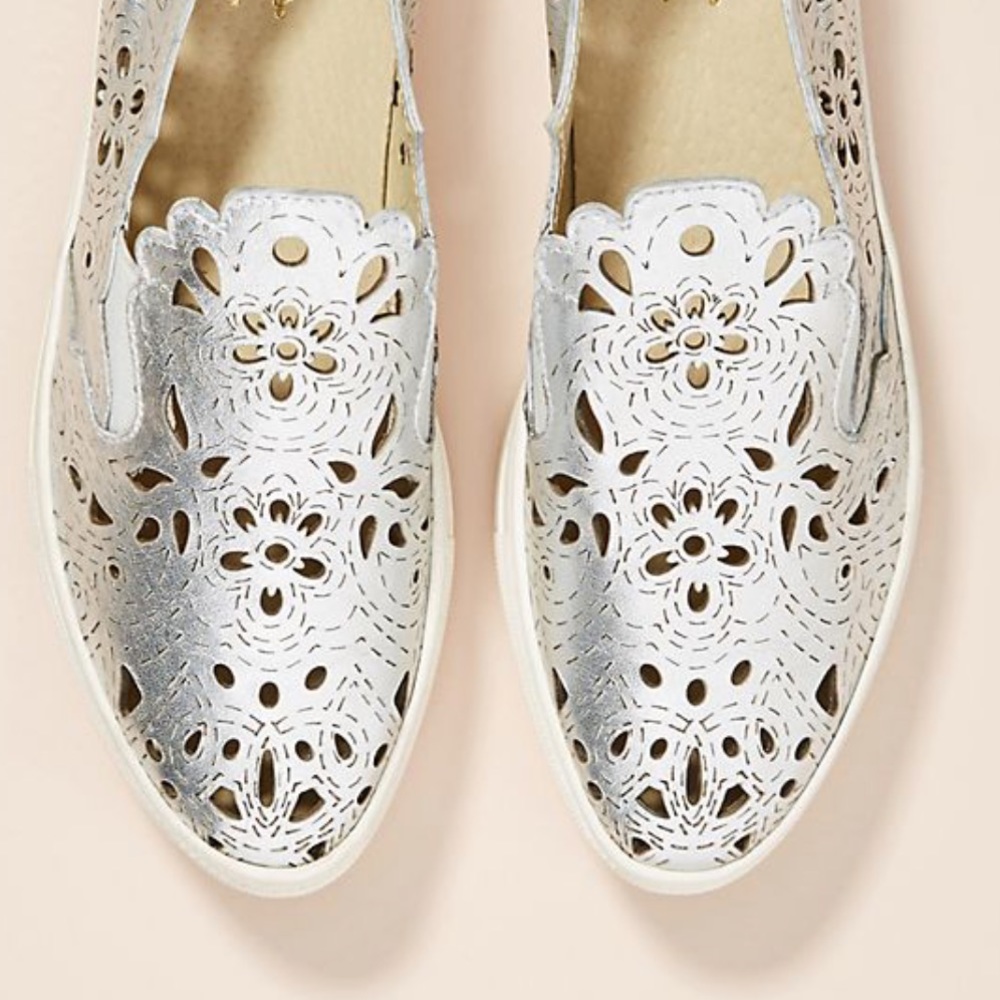 Silver Leather Laser Cut Platform Slip On Sneakers - Picture 2 of 5
